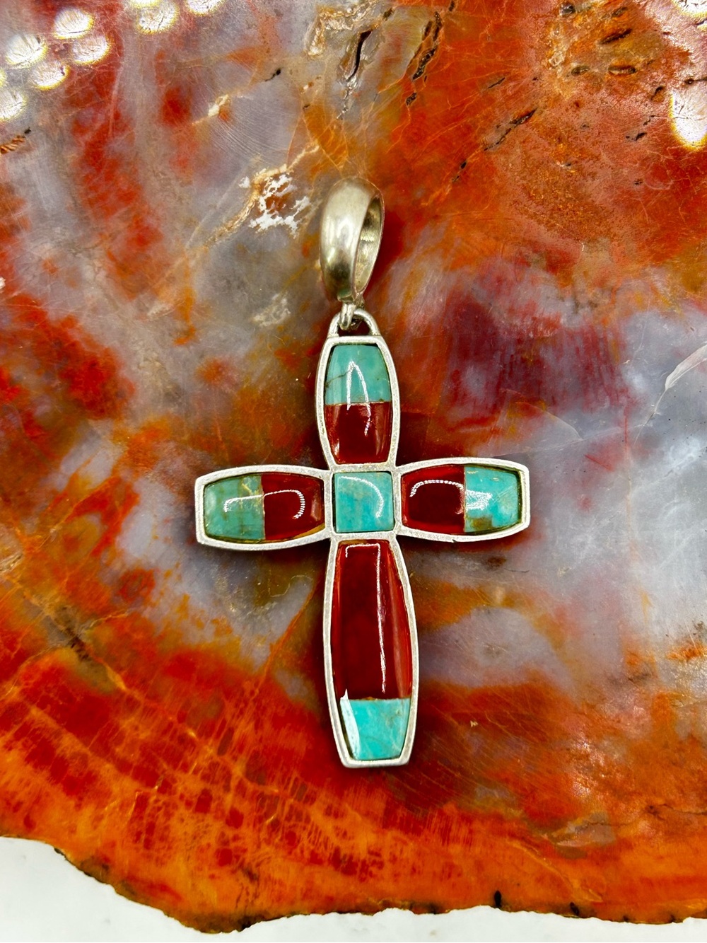 Sterling Silver Turquoise and Carnelian Gemstone Cross